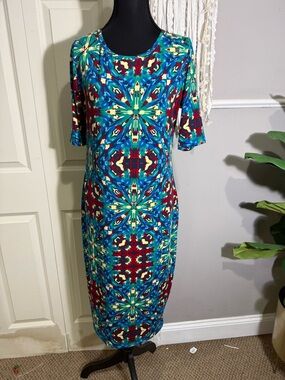 LuLaRoe Multicolor Kaleidoscope Midi Dress in Blue & Red